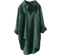 ASKSA Damen Musselin Bluse Sommer Leichte Atmungsaktive Leinenhemd Tshirt Casual Locker Leinenbluse Top Einfarbige Langarm Blusenshirt Langarmshirt Leinen Baumwolle Hemd Oberteile (Grün,L)