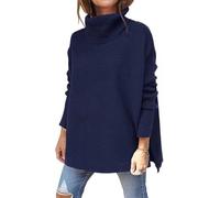 ASKSA Damen Pullover Rollkragenpullover Strickpullover Winter Langarm Oversized Warm Einfarbig Stricken Sweater Oberteile (Dunkelblau,S)