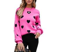 ASKSA Damen Pullover Rundhals Herz Grafik Strickpullover Langarm Winter Strickpulli Casual Herzdruck Strickpullover (Rosenrot,XL)
