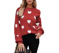 ASKSA Damen Pullover Rundhals Herz Grafik Strickpullover Langarm Winter Strickpulli Casual Herzdruck Strickpullover (Rot,M)