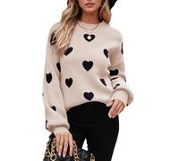 ASKSA Damen Pullover Rundhals Herz Grafik Strickpullover Langarm Winter Strickpulli Casual Herzdruck Strickpullover (Aprikose,L)