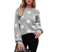 ASKSA Damen Pullover Rundhals Herz Grafik Strickpullover Langarm Winter Strickpulli Casual Herzdruck Strickpullover (Grau,M)