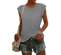 ASKSA Damen Rundhals Flügelärmeln T-Shirt Plissiertes Sommer Einfarbig Bluse Casual Lose Basic Tunika Tops Oberteile (Grau,XL)