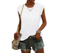 ASKSA Damen Rundhals Flügelärmeln T-Shirt Plissiertes Sommer Einfarbig Bluse Casual Lose Basic Tunika Tops Oberteile (Weiß,M)