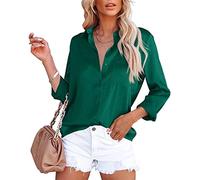 ASKSA Damen Satin Bluse Elegant V-Ausschnitt Hemden Knöpfen Langarm Hemd Business Casual Arbeit Oberteile Langarmshirt Tops mit Tasche(Dunkelgrün,M)