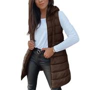ASKSA Damen Steppweste Lang Ärmellose mit Kapuze Weste Warm Leichte Winterjacke Casual Steppmantel Einfarbige Winter Sportwesten (Kaffee,M)