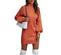 ASKSA Damen Strickkleid Rollkragen Pullikleid Elegant Pulloverkleid Freizeit Midikleid Tops (Orange,M)