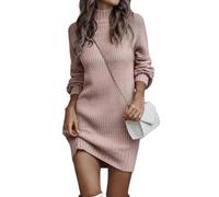 ASKSA Damen Strickkleid Rollkragen Pullikleid Elegant Pulloverkleid Freizeit Midikleid Tops (Rosa,M)