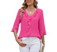 ASKSA Damen T-Shirt 3/4 Ärmel Rüschen Bluse V-Ausschnitt Sommer Elegant Einfarbig Lose Lässig Arbeits Tunika Shirts Oberteile (Rosenrot,M)