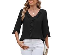 ASKSA Damen T-Shirt 3/4 Ärmel Rüschen Bluse V-Ausschnitt Sommer Elegant Einfarbig Lose Lässig Arbeits Tunika Shirts Oberteile (Schwarz,L)