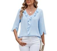 ASKSA Damen T-Shirt 3/4 Ärmel Rüschen Bluse V-Ausschnitt Sommer Elegant Einfarbig Lose Lässig Arbeits Tunika Shirts Oberteile (Blau,M)