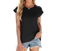ASKSA Damen T-Shirt Einfarbig Rundhals Oberteile Blusen Flügelärmeln Basic Tops Sommer Casual Lose Shirts (Schwarz,L)