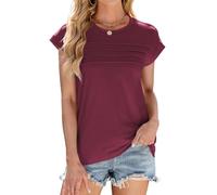 ASKSA Damen T-Shirt Einfarbig Rundhals Oberteile Blusen Flügelärmeln Basic Tops Sommer Casual Lose Shirts (Weinrot,2XL)