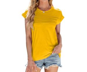 ASKSA Damen T-Shirt Einfarbig Rundhals Oberteile Blusen Flügelärmeln Basic Tops Sommer Casual Lose Shirts (Gelb,M)