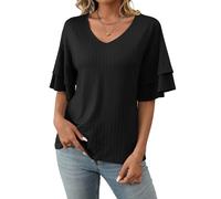 ASKSA Damen T-Shirt Rüschen Ärmel Bluse V-Ausschnitt Sommer Elegant Oberteile Einfarbig Lose Lässig Tunika Shirts Casual Tops (Schwarz,M)