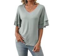 ASKSA Damen T-Shirt Rüschen Ärmel Bluse V-Ausschnitt Sommer Elegant Oberteile Einfarbig Lose Lässig Tunika Shirts Casual Tops (Grün,XL)