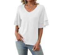 ASKSA Damen T-Shirt Rüschen Ärmel Bluse V-Ausschnitt Sommer Elegant Oberteile Einfarbig Lose Lässig Tunika Shirts Casual Tops (Weiß,2XL)