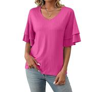 ASKSA Damen T-Shirt Rüschen Ärmel Bluse V-Ausschnitt Sommer Elegant Oberteile Einfarbig Lose Lässig Tunika Shirts Casual Tops (Rosarot,M)