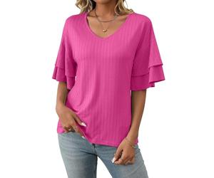 ASKSA Damen T-Shirt Rüschen Ärmel Bluse V-Ausschnitt Sommer Elegant Oberteile Einfarbig Lose Lässig Tunika Shirts Casual Tops (Rosarot,L)