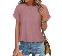 ASKSA Damen T-Shirt Rundhals Lochstickerei Bluse Sommer Einfarbig Kurzarm Elegant Lose Tunika Oberteile (Dunkelpink,S)