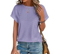 ASKSA Damen T-Shirt Rundhals Lochstickerei Bluse Sommer Einfarbig Kurzarm Elegant Lose Tunika Oberteile (Violett,S)