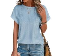 ASKSA Damen T-Shirt Rundhals Lochstickerei Bluse Sommer Einfarbig Kurzarm Elegant Lose Tunika Oberteile (Himmelblau,XXL)