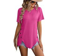 ASKSA Damen T-Shirt Rundhals Sommer Kurzarm Elegant Einfarbig Lässig Lose Gebogener Saum Tunika Oberteile (Rosa,2XL)
