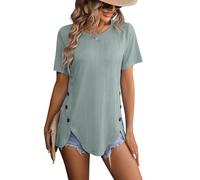 ASKSA Damen T-Shirt Rundhals Sommer Kurzarm Elegant Einfarbig Lässig Lose Gebogener Saum Tunika Oberteile (Hellgrün,2XL)