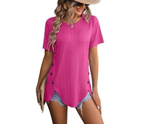 ASKSA Damen T-Shirt Rundhals Sommer Kurzarm Elegant Einfarbig Lässig Lose Gebogener Saum Tunika Oberteile (Rosa,2XL)