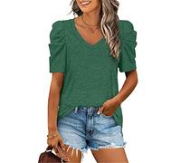 ASKSA Damen T-Shirt Sommer V-Ausschnitt Bluse Lässige Tunika Tops Puffärmel Shirts Einfarbig Oberteil (Grün,XXL)