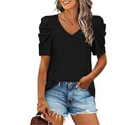 ASKSA Damen T-Shirt Sommer V-Ausschnitt Bluse Lässige Tunika Tops Puffärmel Shirts Einfarbig Oberteil (Schwarz,XL)