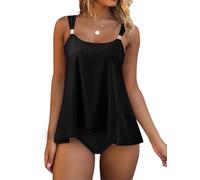 ASKSA Damen Tankini Ruffle Bademode Zweiteiler Sets High Bauchweg Sommer Elegant Lose Lässig Badeanzüge (Schwarz,2XL)