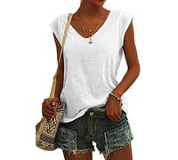 ASKSA Damen V-Ausschnitt Flügelärmeln T-Shirt Sommer Einfarbig Tank Top Oberteile Casual Lose Shirts Basic Hemd Tee Tops(Weiß,L)