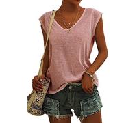 ASKSA Damen V-Ausschnitt Flügelärmeln T-Shirt Sommer Einfarbig Tank Top Oberteile Casual Lose Shirts Basic Hemd Tee Tops(Rosa,S)