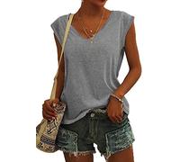 ASKSA Damen V-Ausschnitt Flügelärmeln T-Shirt Sommer Einfarbig Tank Top Oberteile Casual Lose Shirts Basic Hemd Tee Tops(Grau,L)