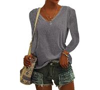 ASKSA Damen V-Ausschnitt T-Shirt Einfarbig Langarmshirts Oberteile Casual Lose Shirts Basic Hemd Tee Tops(Grau,L)