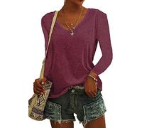 ASKSA Damen V-Ausschnitt T-Shirt Einfarbig Langarmshirts Oberteile Casual Lose Shirts Basic Hemd Tee Tops(Weinrot,M)