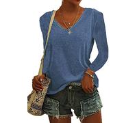 ASKSA Damen V-Ausschnitt T-Shirt Einfarbig Langarmshirts Oberteile Casual Lose Shirts Basic Hemd Tee Tops(Blau,XL)