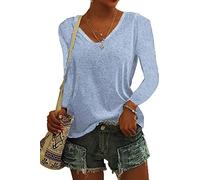 ASKSA Damen V-Ausschnitt T-Shirt Einfarbig Langarmshirts Oberteile Casual Lose Shirts Basic Hemd Tee Tops (Hellblau,XXL)
