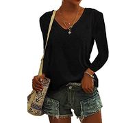 ASKSA Damen V-Ausschnitt T-Shirt Einfarbig Langarmshirts Oberteile Casual Lose Shirts Basic Hemd Tee Tops(Schwarz,S)