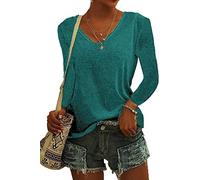 ASKSA Damen V-Ausschnitt T-Shirt Einfarbig Langarmshirts Oberteile Casual Lose Shirts Basic Hemd Tee Tops(See Blau,L)