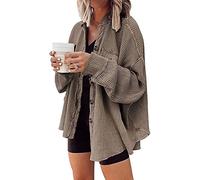 ASKSA Damen Waffelstrick Bluse Hemdjacke Fledermausärmel Button Down Übergangsjacke Lose Oversize Strickjacke Jacke Freizeithemd(Kaffee,S)