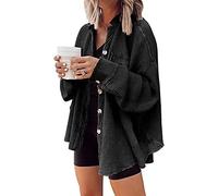 ASKSA Damen Waffelstrick Bluse Hemdjacke Fledermausärmel Button Down Übergangsjacke Lose Oversize Strickjacke Jacke Freizeithemd(Schwarz,XL)