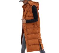 ASKSA Damen Weste Lange Steppweste Daunenweste Gesteppte mit Kapuze Winter Warm Baumwolle Ärmellos Sportweste Mantel (Orange,L)