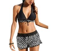 ASKSA Damen Zweiteiliger Bikini Set Push Up Pads Badeanzug Crossover Schwarz Oberteil Triangel Bademode (Schwarz, M)