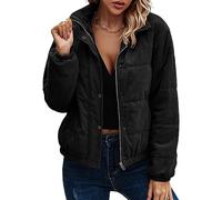 ASOMI Jacke Damen Winter Herbst Cordjacke Fleecejacke Causal Langarm Übergangsjacke Mode Mantel Reißverschluss Steppjacke Outwear mit Tasche 404 Schwarz 38