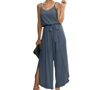 ASOMI Jumpsuit Damen Sommer Lang: Sexy Cocktail Elegant Mode Gürtel Overall Hochzeit Hawaii Urlaub Strand V-Ausschnitt Hosenanzug Business Baggy Festlich Spaghettiträger Outfit 84Grau BlauS1