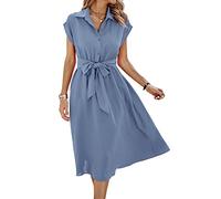 ASOMI Sommerkleid Damen Hemdkleid Kurzarm: Elegant Kurzarm Strandkleid Büro Wickelkleid Mode Tasche Hemdblusenkleid Lässig Blusenkleid Midikleid Knopf Plisseekleid V-Ausschnitt Gürtel A-Blau XL