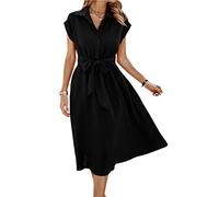 ASOMI Sommerkleid Damen Hemdkleid Kurzarm: Elegant Kurzarm Strandkleid Büro Wickelkleid Mode Tasche Hemdblusenkleid Lässig Blusenkleid Midikleid Knopf Plisseekleid V-Ausschnitt Gürtel A-Schwarz XL