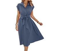 ASOMI Sommerkleid Damen Hemdkleid Kurzarm: Elegant Kurzarm Strandkleid Büro Wickelkleid Mode Tasche Hemdblusenkleid Lässig Blusenkleid Midikleid Knopf Plisseekleid V-Ausschnitt Gürtel A-Graublau XL